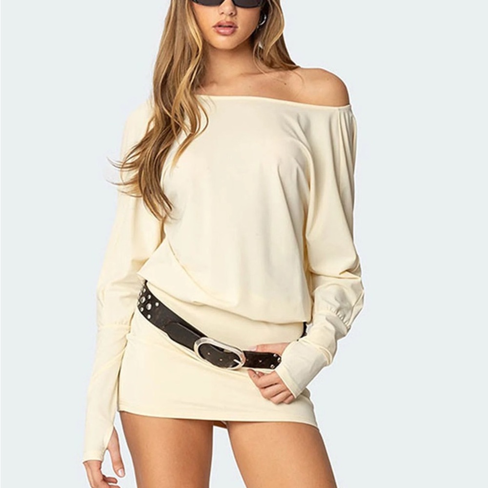 Edikted Cream Off-Shoulder Mini Dress with Long Sleeves
